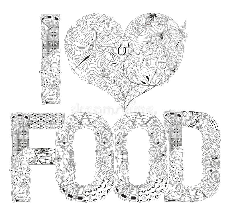 Word I LOVE FOOD for coloring. Vector decorative zentangle object