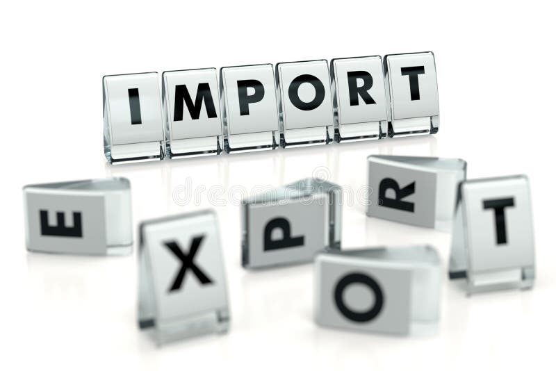 Word IMPORT scritto su blocchi lucidi e caduti su blocchi sfocati con lettere EXPORT Isolato su bianco Importa più di illustrazione vettoriale