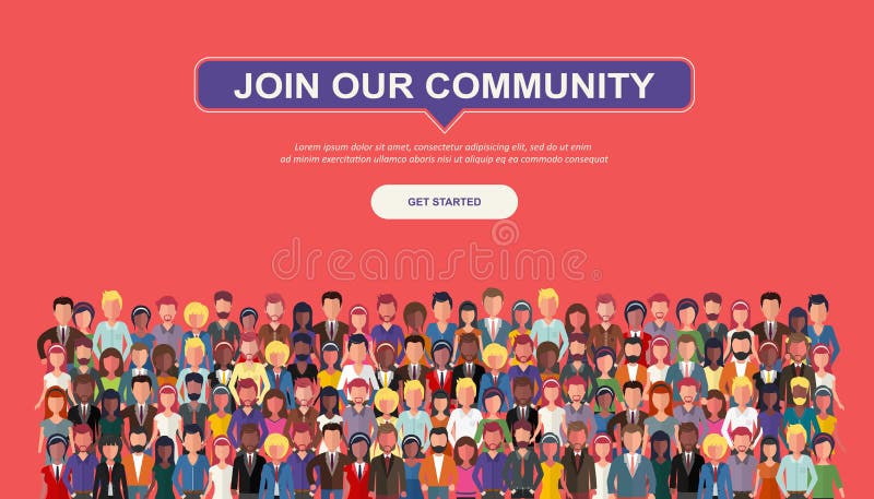 Word lid van Onze Gemeenschap Menigte van verenigde mensen als zich zaken of het creatieve communautaire verenigen De vlakke temp stock illustratie Word lid van Onze Gemeenschap Menigte van verenigde mensen als zich zaken of het creatieve communautaire verenigen De vlakke temp stock illustratie
