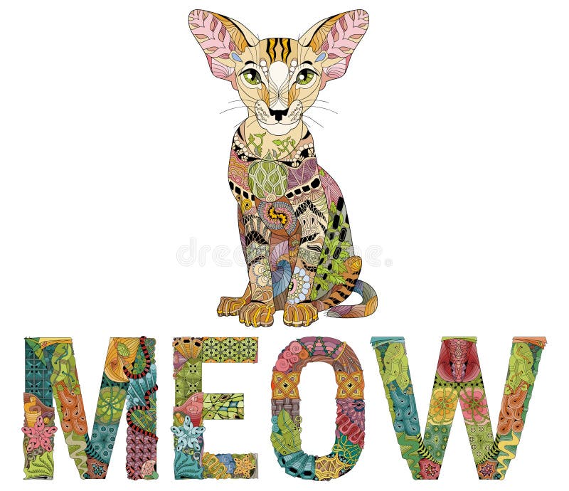 Word MEOW with a drawing of a cat. Vector zentangle object for decoration