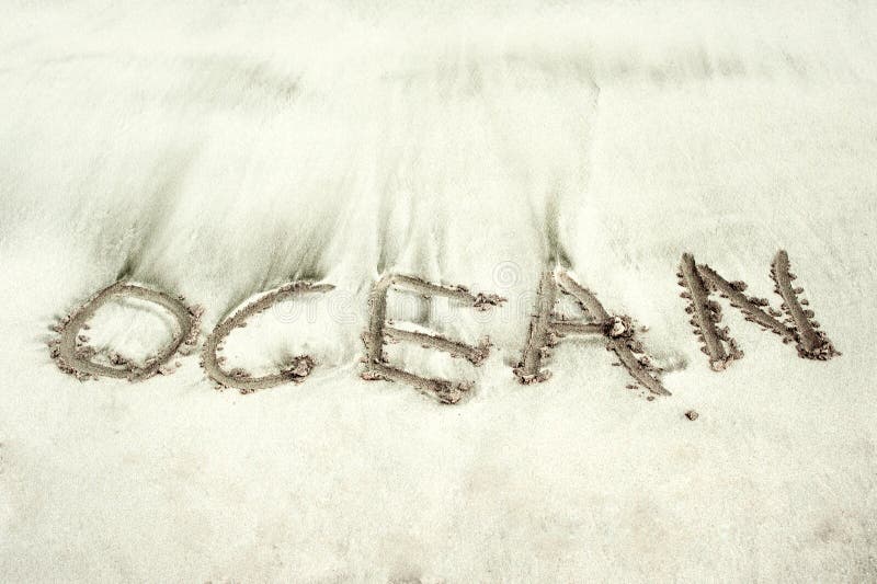 Word Ocean Handwritten In The Sand Of Atlantic Ocean