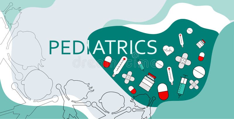 Word pediatrics with healthcare icons, including a pill and medicine bottles, drugs, syringes, hearts and Adhesive bandage royalty free illustration Word pediatrics with healthcare icons, including a pill and medicine bottles, drugs, syringes, hearts and Adhesive bandage royalty free illustration
