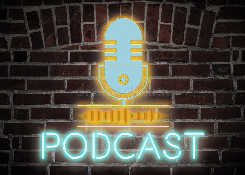 Word PODCAST and microphone in glowing neon on rough brick wall royalty free stock photos