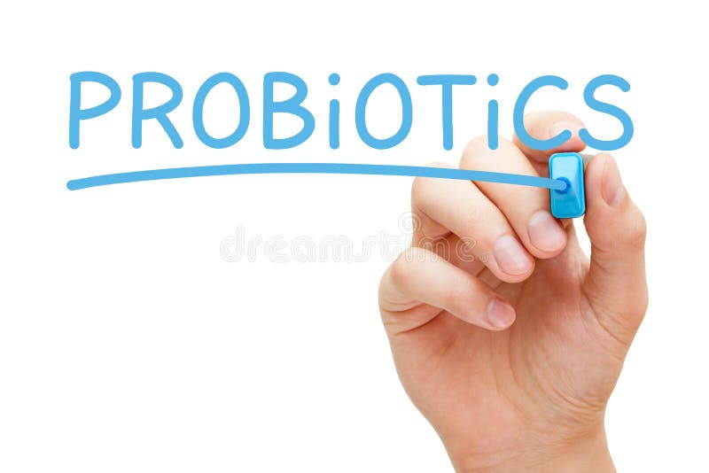 Hand writing the word Probiotics with blue marker. Live good bacteria and yeasts that are beneficial for human digestive system. Hand writing the word Probiotics with blue marker. Live good bacteria and yeasts that are beneficial for human digestive system