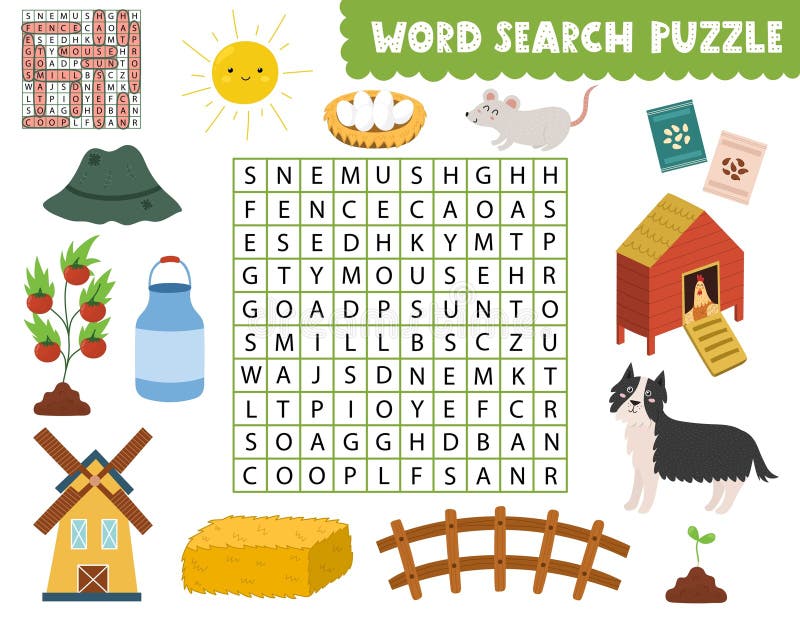 Word search puzzle with cute farm objects and characters. Find the hidden words activity page for kids stock illustration