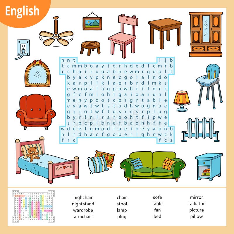 Word search puzzle. Cartoon set of furniture. Education game for children. Vector colour worksheet for learning English