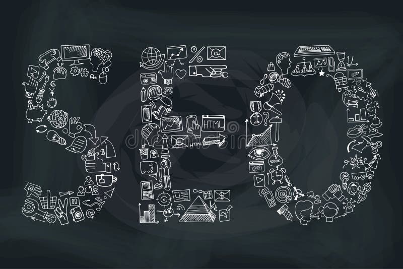 Word seo in Doodle icons. Sketchy chalkboard stock illustration Word seo in Doodle icons. Sketchy chalkboard stock illustration