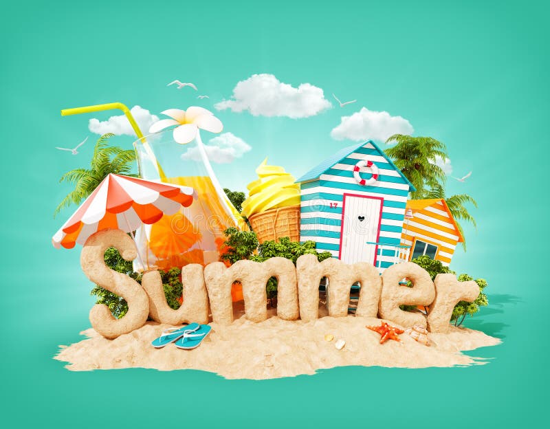 The word Summer made of sand on tropical island. Unusual 3d illustration of summer vacation