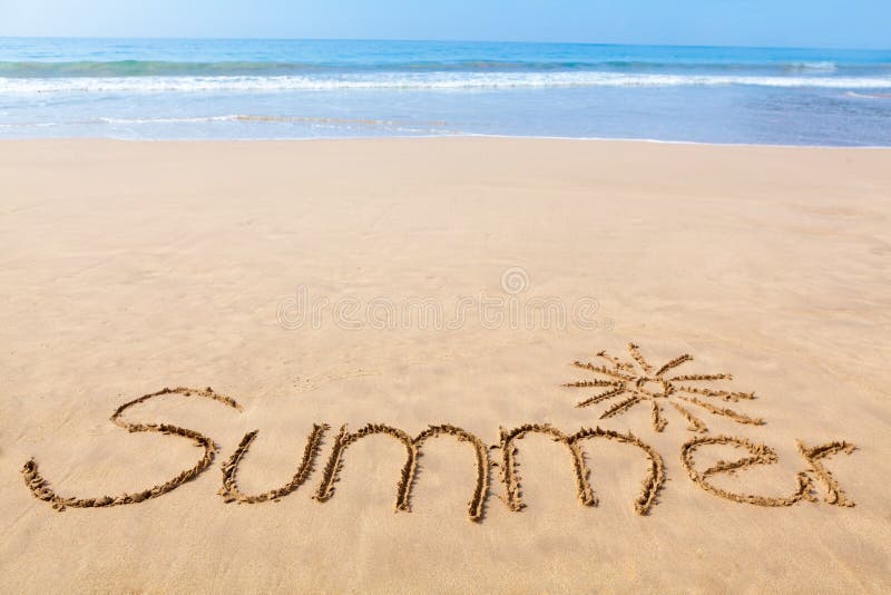The Word Summer Written in the Sand on a Beach with Drawing of t