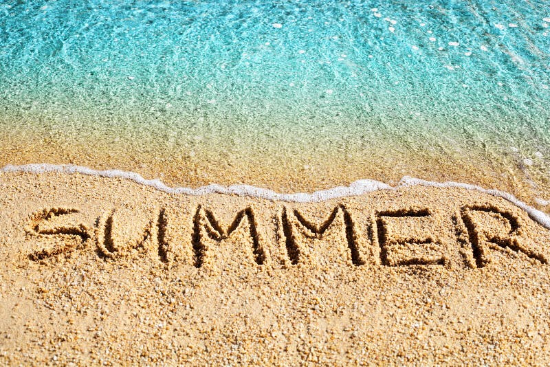 Word SUMMER written on yellow sand, blue sea water wave, white foam top view close up, handwriting letters text, summer vacations stock images Word SUMMER written on yellow sand, blue sea water wave, white foam top view close up, handwriting letters text, summer vacations stock images