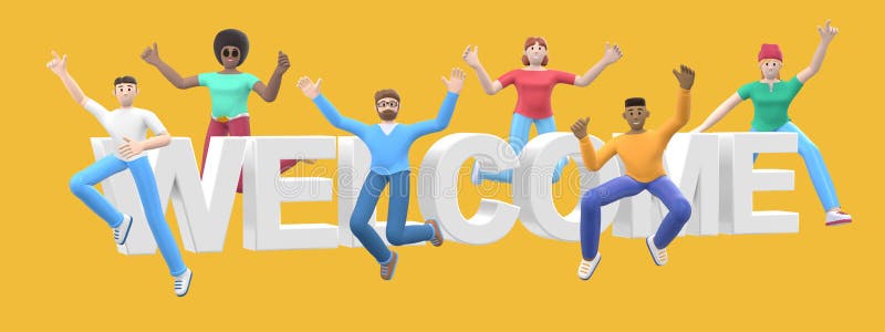 The Word Welcome on a Yellow Background. Group of Young ...