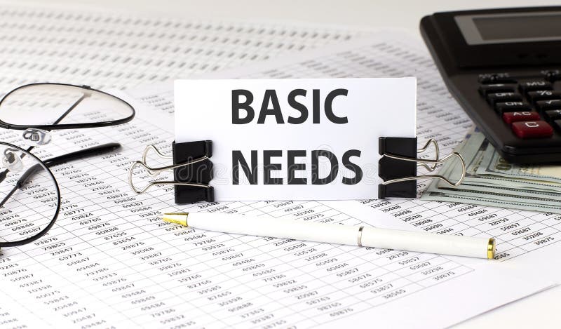 Word writing text BASIC NEEDEDS on white sticker on chart background. Business concept royalty free illustration