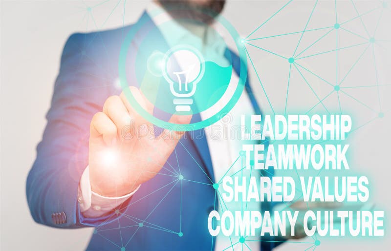 Word writing text Leadership Teamwork Shared Values Company Culture. Business concept for Group Team Success Male human