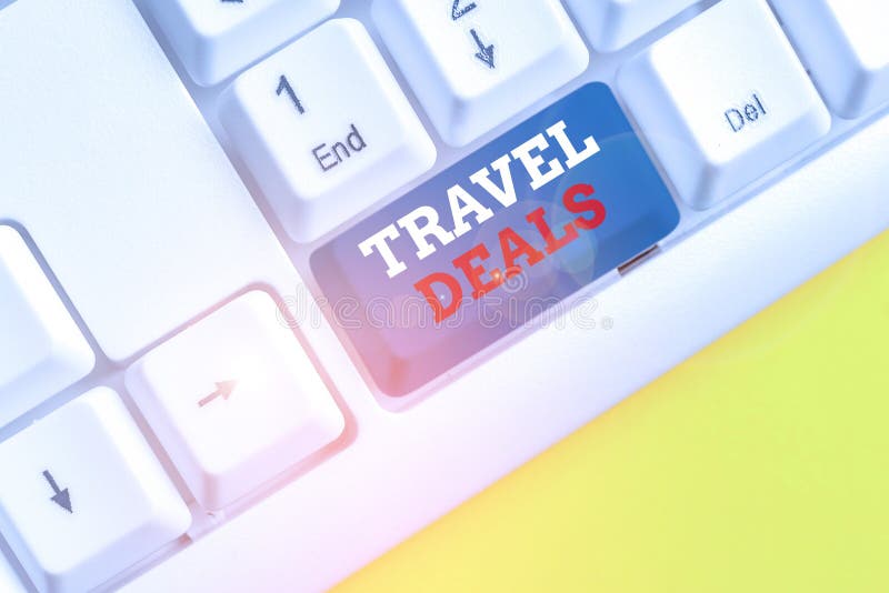 Word writing text Travel Deals. Business concept for holiday organized by a travel company and pay fixed price White pc