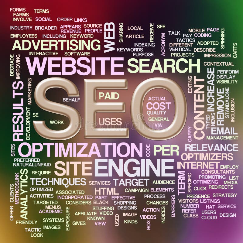 Wordcloud van seo - de optimalisering van de onderzoeksmotor vector illustratie Wordcloud van seo - de optimalisering van de onderzoeksmotor vector illustratie