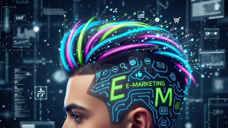 Words E-MARKETING, indicating a concept of digital or electron stock illustration