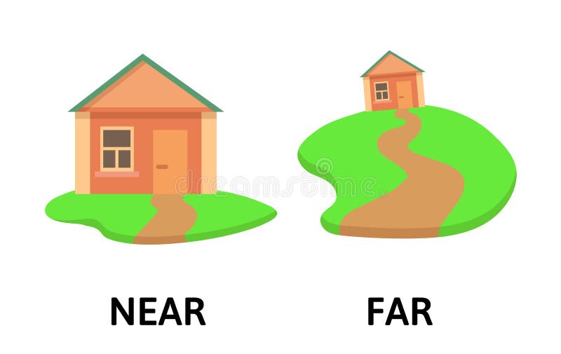 Words far and near textcard with cartoon house. Opposite adverbs explanation card. Flat vector illustration, isolated on