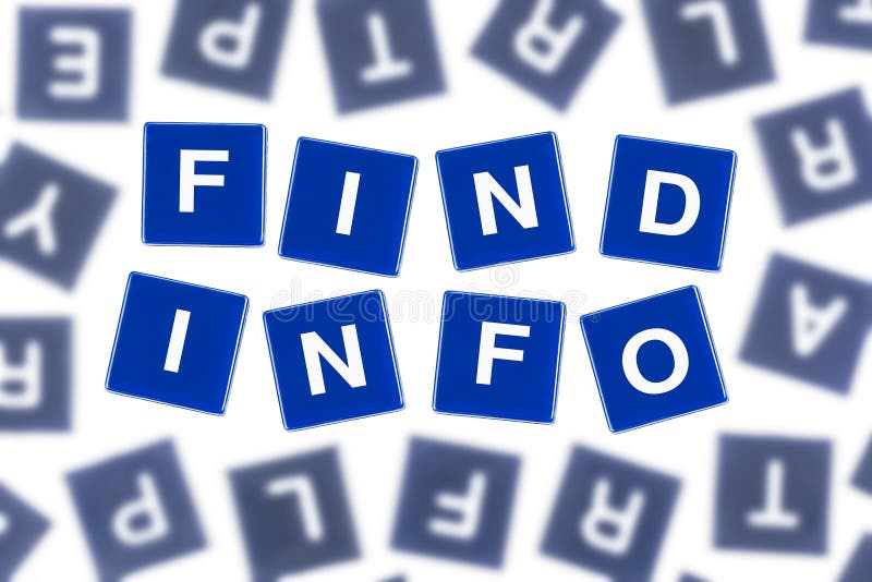 Words FIND INFO in Clear Focus Against Blurred Letters stock photography