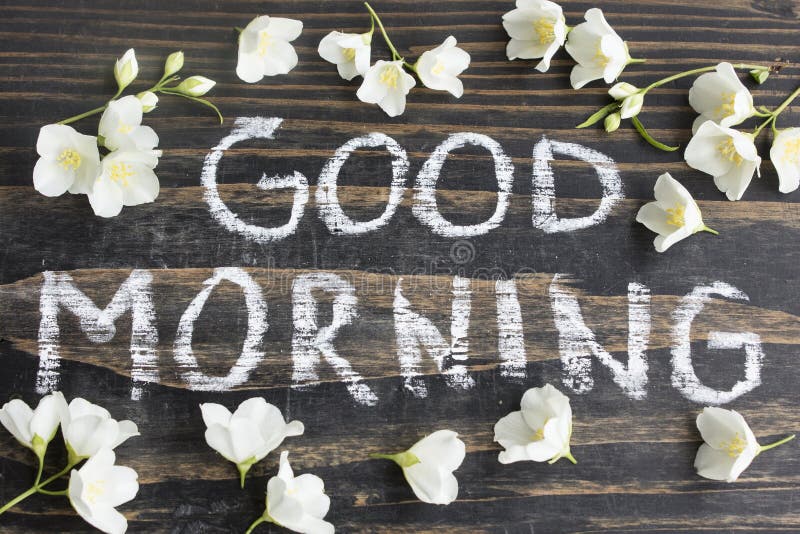 Words Good Morning with Jasmine Flowers stock photos Words Good Morning with Jasmine Flowers stock photos