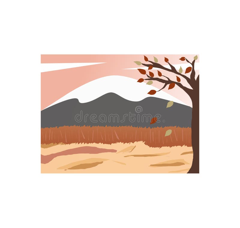 Autumn Mountain top with snow leaves falling tree brown land royalty free illustration