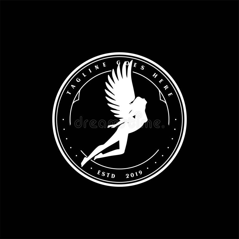 Vintage Retro Circle Flying Woman Girl Lady Female Angel Silhouette Logo Design Vector