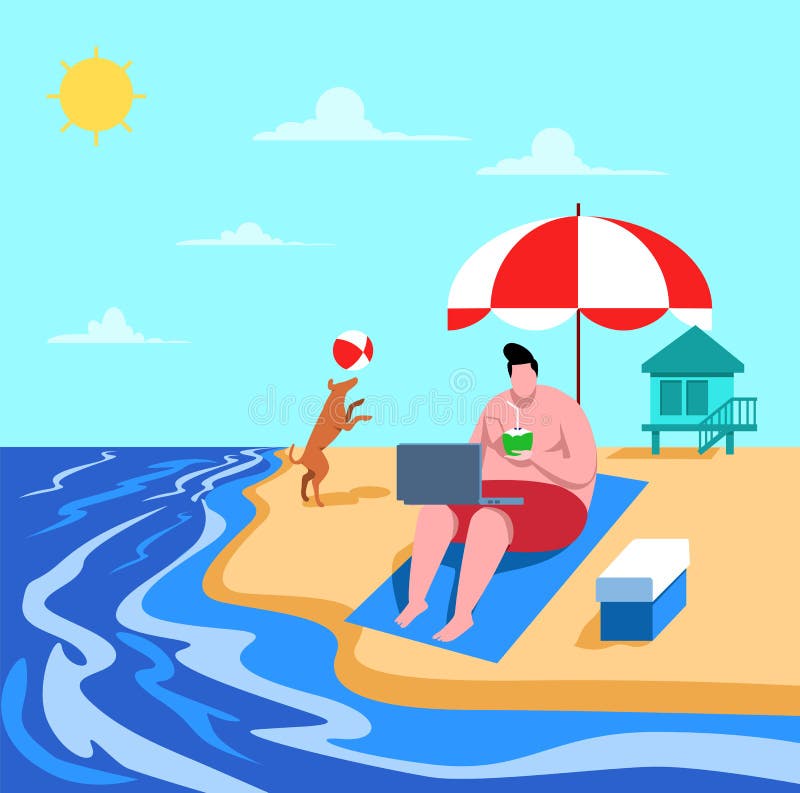 Work on the beach, Vacation on the beach, fat boy working on computer near by beach, relax work place, boy work on computer in bea vector illustration
