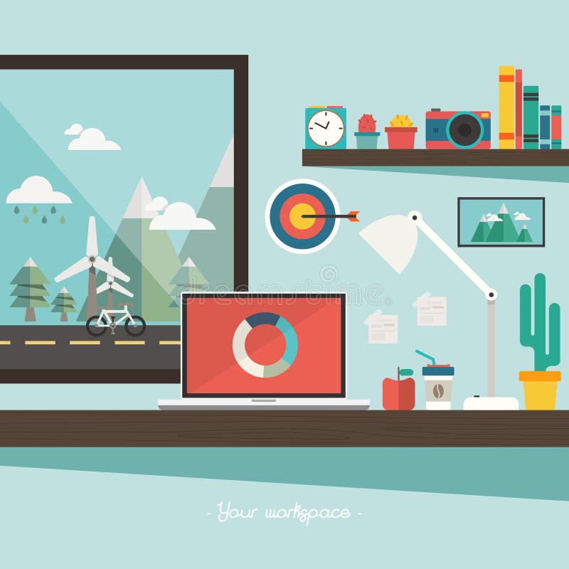 Work desk and accessories with a window view of mountain on flat design concept vector illustration