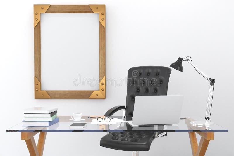 Work Desk With A Laptop And A Blank Picture Frame On The ...