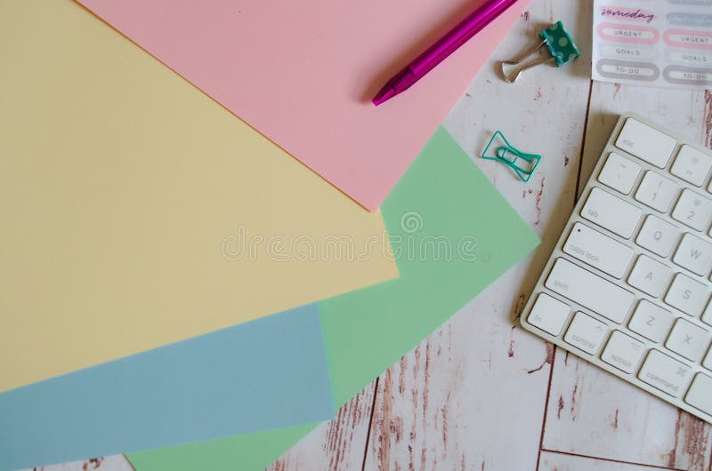 Work desk with papers and keyboard stock image