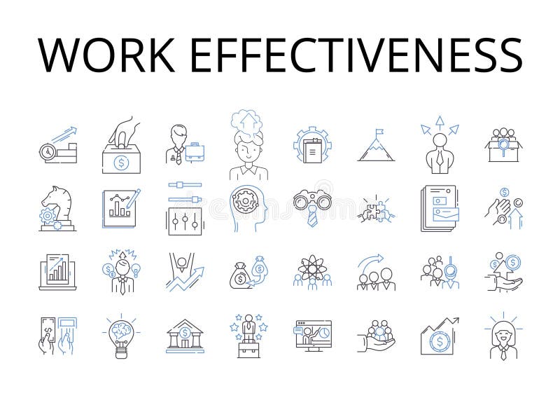 Work effectiveness line icons collection. Team synergy, Employee engagement, Task efficiency, Meeting productivity, Time royalty free illustration