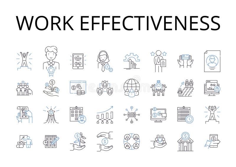 Work effectiveness line icons collection. Team synergy, Employee engagement, Task efficiency, Meeting productivity, Time stock illustration