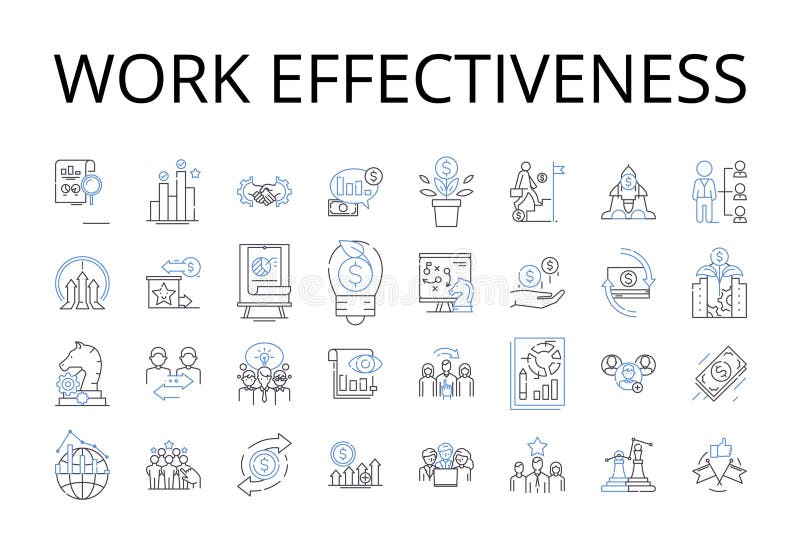 Work effectiveness line icons collection. Team synergy, Employee engagement, Task efficiency, Meeting productivity, Time royalty free illustration
