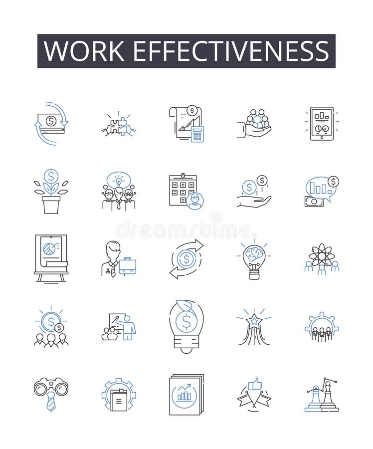 Work effectiveness line icons collection. Team synergy, Employee engagement, Task efficiency, Meeting productivity, Time stock illustration