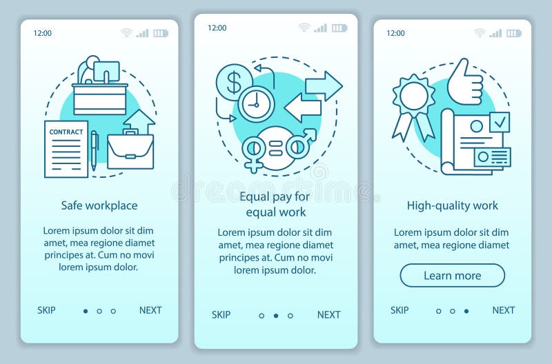 Work ethics onboarding mobile app page screen vector template royalty free illustration