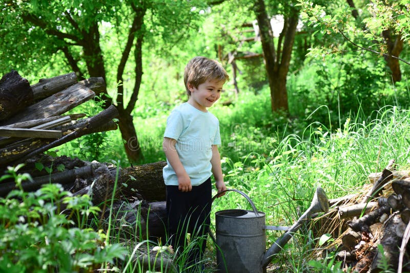 Work in the garden. The child is watering the plants. Spring and summer in nature. Happy childhood. royalty free stock photography Work in the garden. The child is watering the plants. Spring and summer in nature. Happy childhood. royalty free stock photography