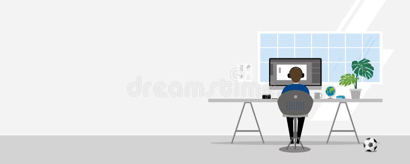 Work at home design of man using computer in white room vector illustration stock illustration