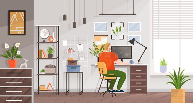 Work at home. Freelancer man working on laptop computer at his house. Online study, education vector illustration