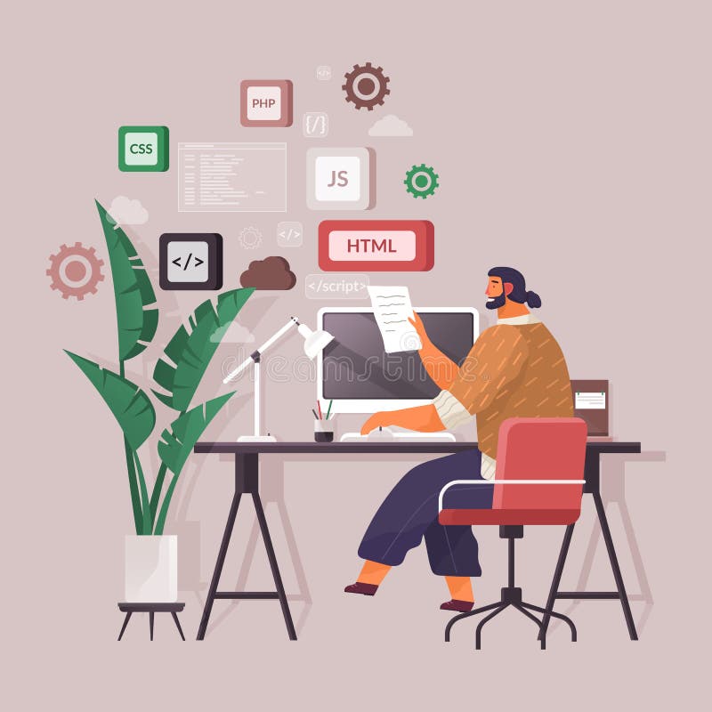 Work at home. Freelancer man working on laptop computer at his house. Online study, education royalty free illustration