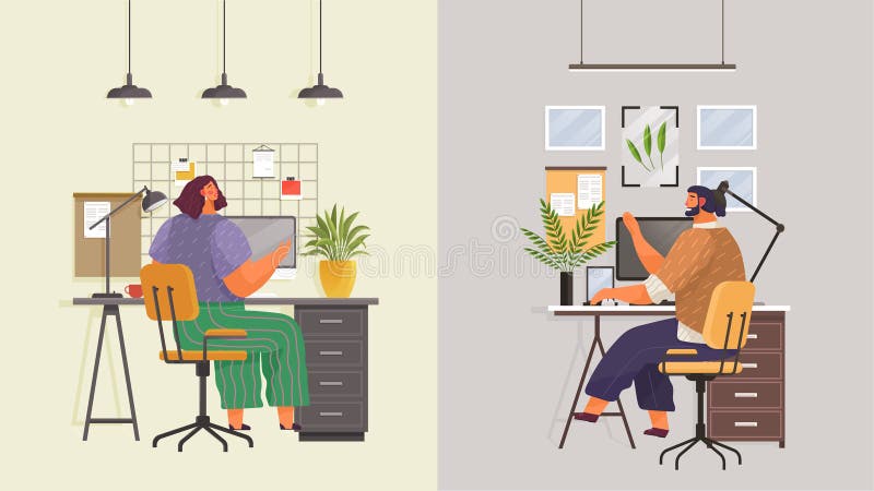 Work at home. Freelancer working on laptop computer at his house. Online study, education stock illustration