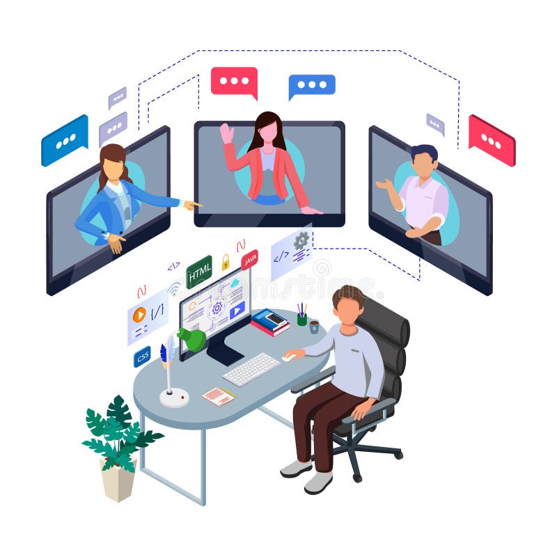 Work from Home Illustration. Isometric Teamwork Distancing