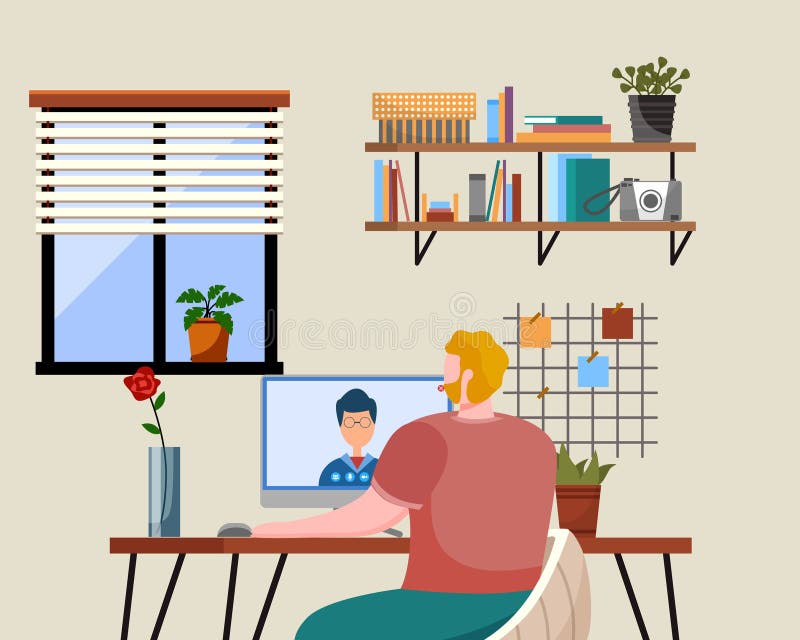 Work at home ofiice. Freelancer man working on computer at his house. Online study, education stock illustration