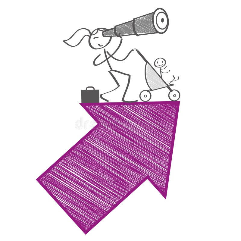 Work life balance concept - businesswoman standing on a big arrow with briefcase and baby buggy. Work life balance concept - businesswoman standing on a big arrow with briefcase and baby buggy