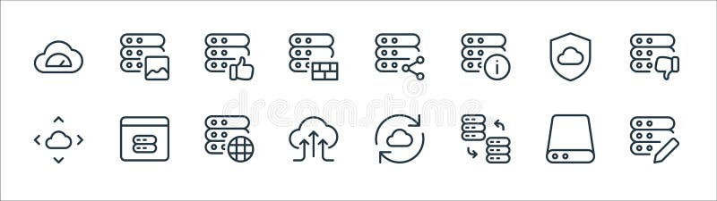 Work office server line icons. linear set. quality vector line set such as edit, change, uploading, move, secure, good review stock illustration