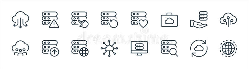 Work office server line icons. linear set. quality vector line set such as internet, search, connection, sha folder, data sharing stock illustration