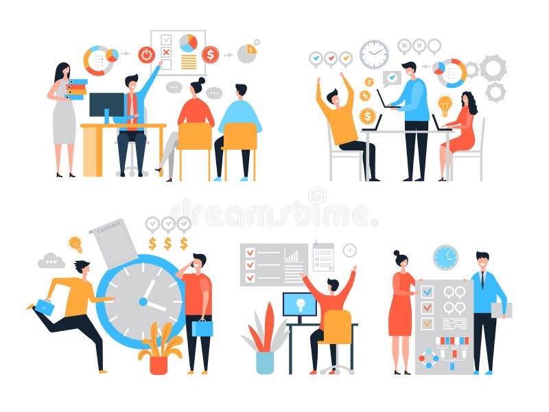 Work organization. Task management people productivity organize process efficiency vector stylized characters stock illustration Work organization. Task management people productivity organize process efficiency vector stylized characters stock illustration