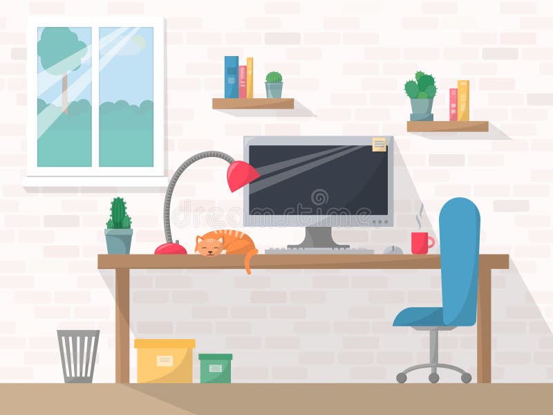 Work place in flat style, computer on working table with chair, lamp, mug, shelves with books and cactuses, cabinet stock illustration