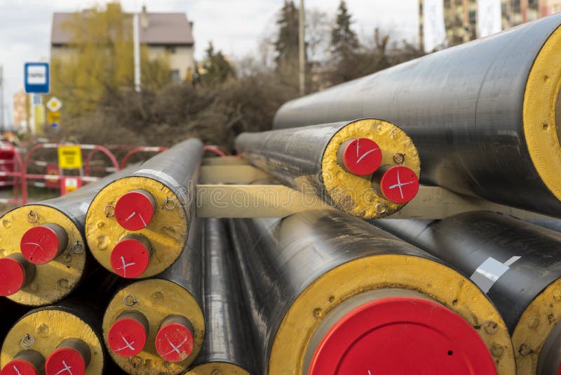 Large Construction Site Visible Insulated Heating Pipes. Stock Photo Image of ready, large