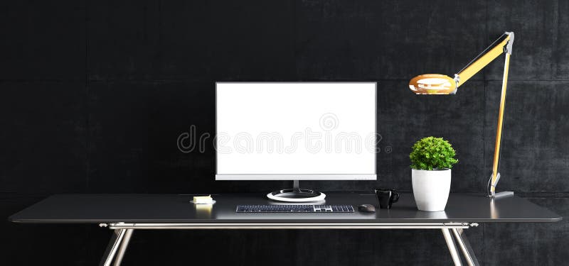 Work space stand mock up with table and plant, computer, keyboard, mouse; cup; sticker front black concrete wall