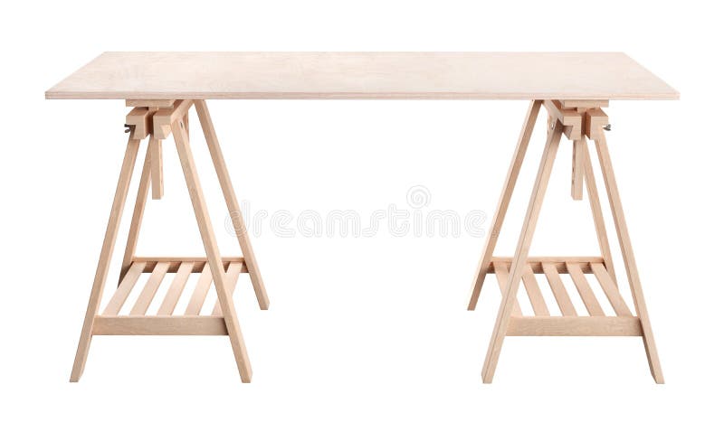 Wooden plywood shelf on two trestles, isolated on white background, 3d rendering royalty free illustration Wooden plywood shelf on two trestles, isolated on white background, 3d rendering royalty free illustration