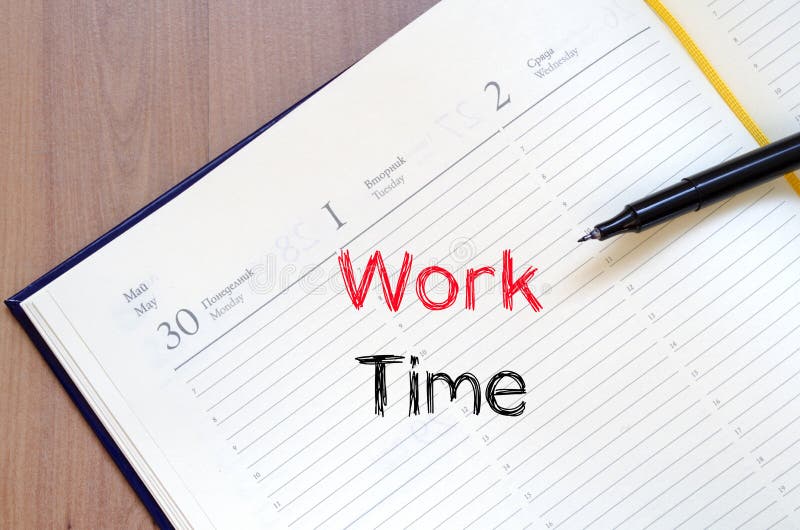 Work time text concept on notebook stock photography